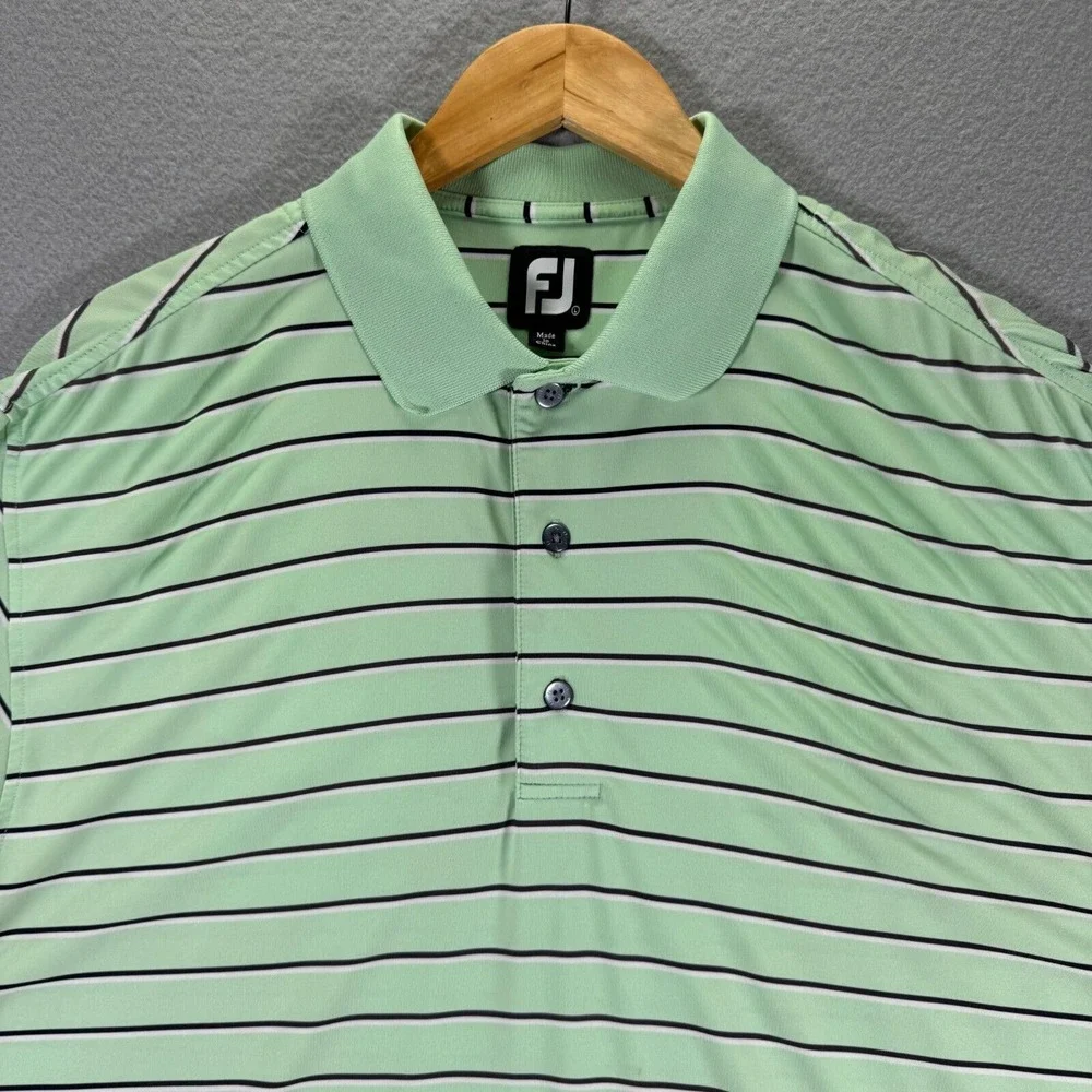 Footjoy Polo Shirt Mens Large Green Stripe Golf Sport Lightweight Stretch Active